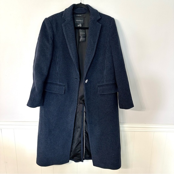 Club Monaco Manteaux Black & Navy Slim Tailored Coat in Houndstooth Size L NWT - Picture 2 of 12
